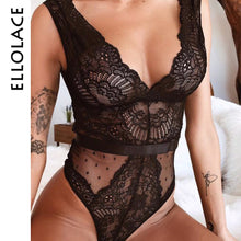 Load image into Gallery viewer, Ellolace Summer Lace Bodysuit Women Floral Embroidery Deep V Neck Sexy Bodysuit Dot Patchwork Jumpsuit Overalls 2019 Femlae Body - TMĐT nhom 21