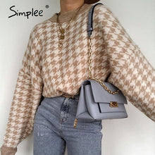 Load image into Gallery viewer, Simplee Women geometric khaki knitted sweater women casual Houndstooth lady pullover sweater female Autumn winter retro jumper - TMĐT nhom 21