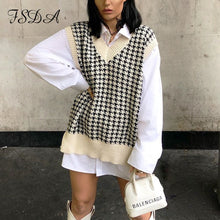 Load image into Gallery viewer, FSDA 2020 Women Houndstooth Vest Sweater Casual V Neck Sleeveless Autumn Winter Jumper Knitted Korean Style Pullover Loose Tops - TMĐT nhom 21