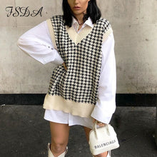 Load image into Gallery viewer, FSDA 2020 Women Houndstooth Vest Sweater Casual V Neck Sleeveless Autumn Winter Jumper Knitted Korean Style Pullover Loose Tops - TMĐT nhom 21
