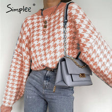 Load image into Gallery viewer, Simplee Women geometric khaki knitted sweater women casual Houndstooth lady pullover sweater female Autumn winter retro jumper - TMĐT nhom 21