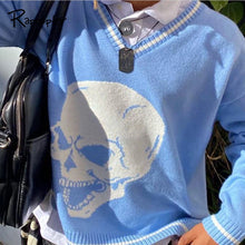 Load image into Gallery viewer, Rapcopter Y2K Sweaters Skulls Pullovers V Neck Knitwear Loose Casual Knitted Tops Women Streetwear Retro Tops Blue 2020 Autumn - TMĐT nhom 21