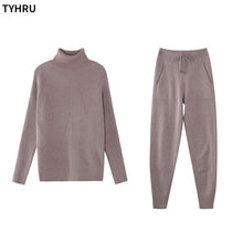 Load image into Gallery viewer, TYHRU Autumn Winter Women's tracksuit Solid Color Striped Turtleneck Sweater and Elastic Trousers Suits Knitted Two Piece Set - TMĐT nhom 21