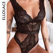 Load image into Gallery viewer, Ellolace Summer Lace Bodysuit Women Floral Embroidery Deep V Neck Sexy Bodysuit Dot Patchwork Jumpsuit Overalls 2019 Femlae Body - TMĐT nhom 21