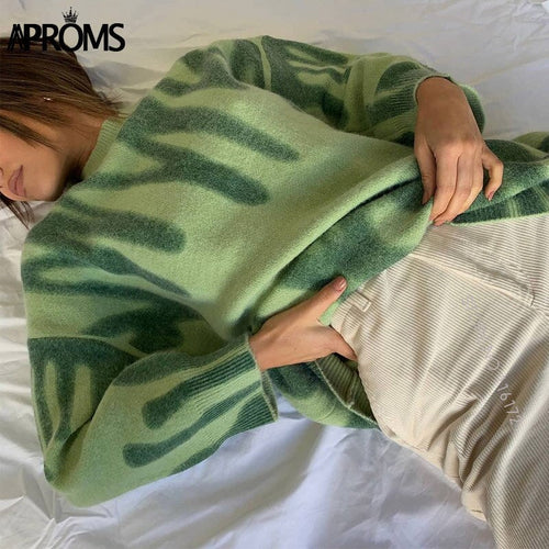 Aproms Elegant Green Striped Print Oversized Pullovers Women Winter O-Neck Loose Long Sweaters Streetwear Warm Outerwear 2021 - TMĐT nhom 21